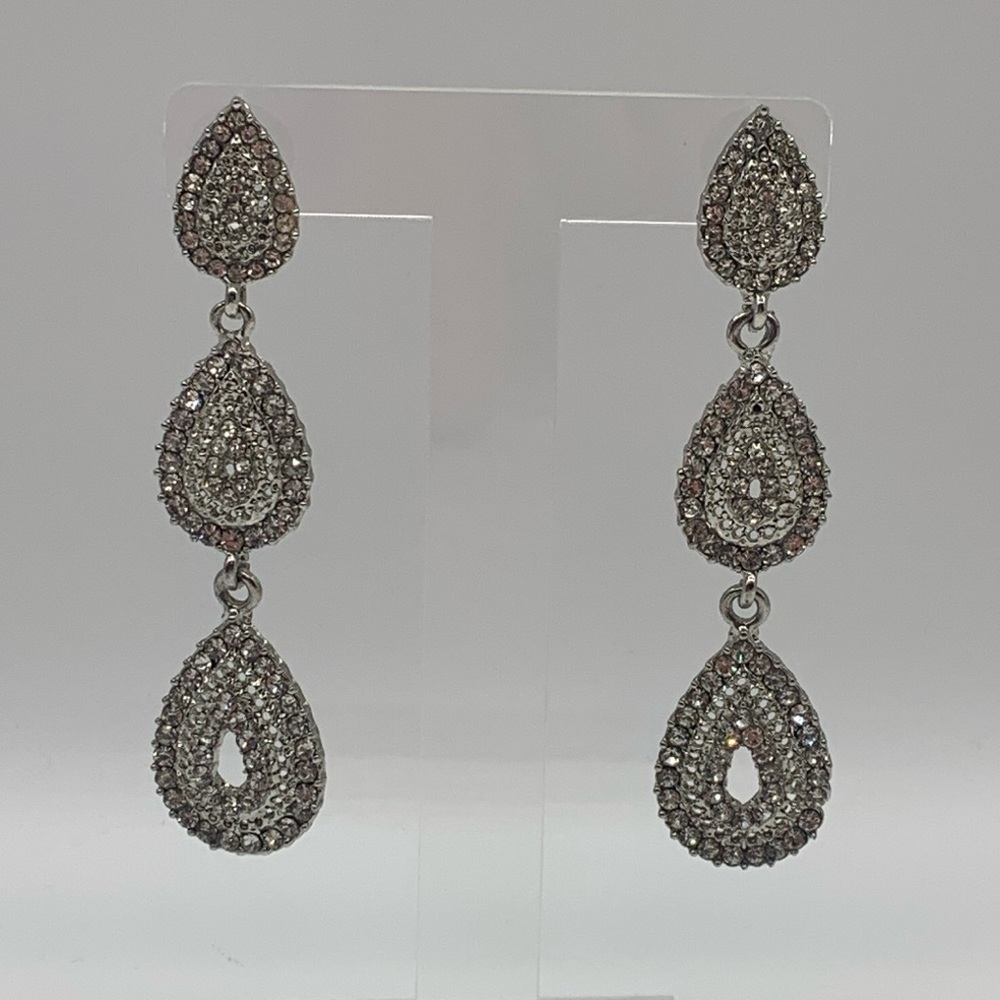 Clear Rhinestone Long Dangle Tear Drop Elegant Formal Holiday Party Earrings